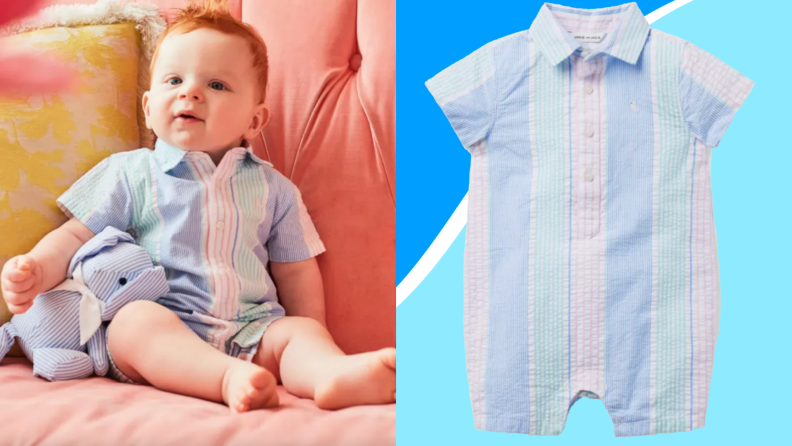 On left, baby sitting wearing romper while holding stuffed animal. On right, pastel children's romper.