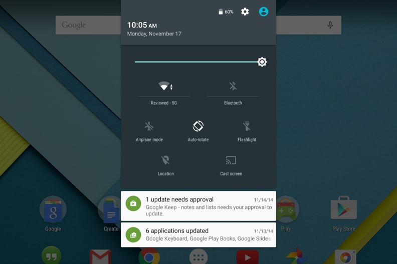 A screenshot of the Google Nexus 9's notification drawer.