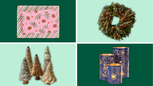 Four images of winter holiday decorations for Christmas like wreaths, miniature trees, candles, and wrapping paper.