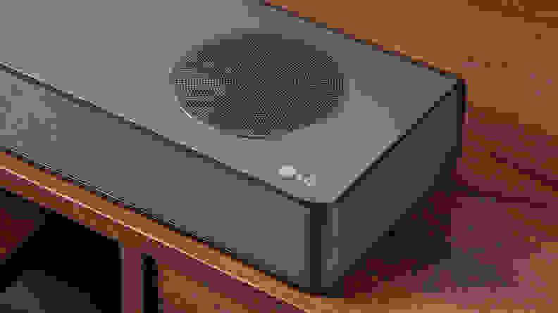 Close up of a speaker on an LG S80QY soundbar.