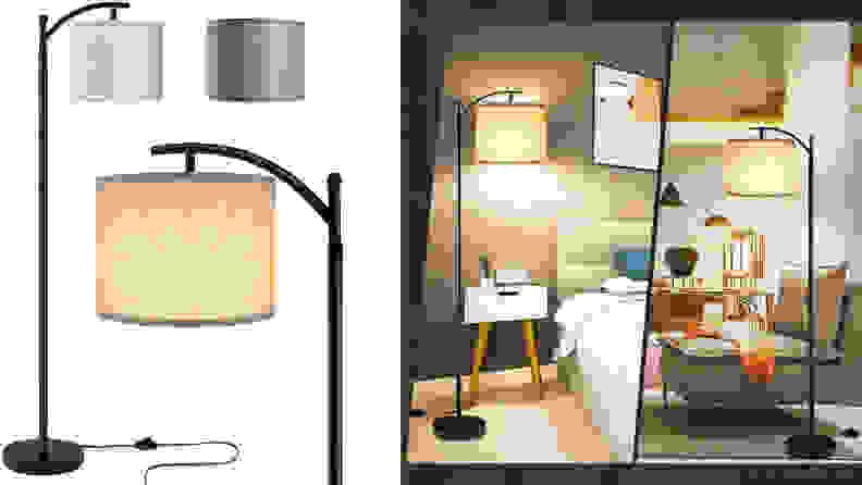 Two angles of the floor lamp in different modern home settings, plus a third image showing it from multiple angles and showing off a few different styles of shade.