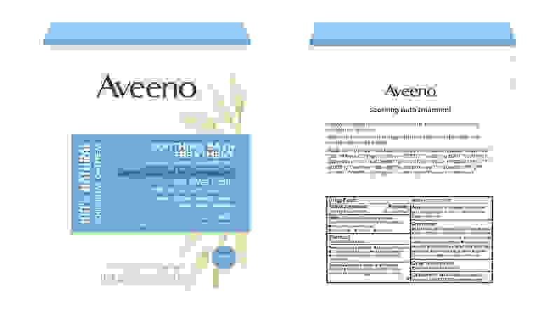 A image of the front and back of the packaging on the Aveeno Soothing Bath Treatments