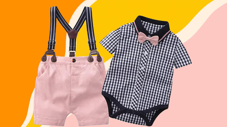 Children's plaid button-up onesie with matching suspender set.