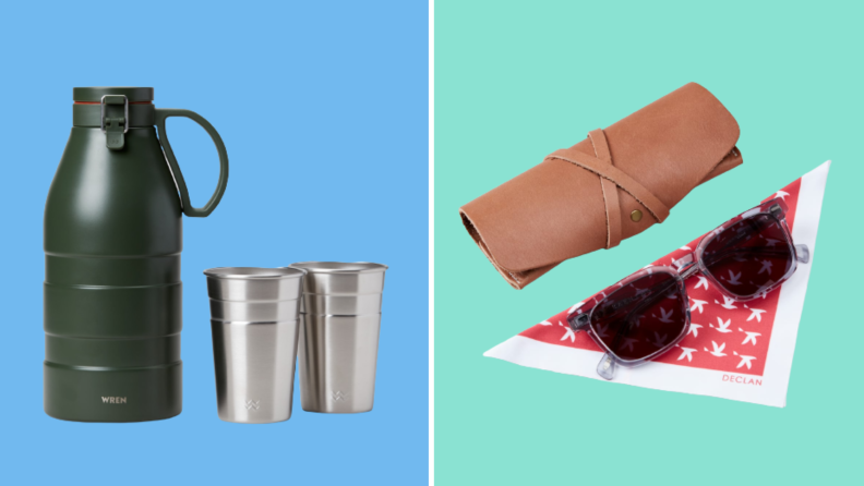 A carafe and two silver cups on the left, and on the right is a pair of sunglasses, a leather case, and a red and white bandana.