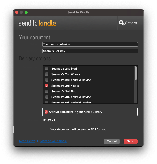 The Send to Kindle Mac OS interface