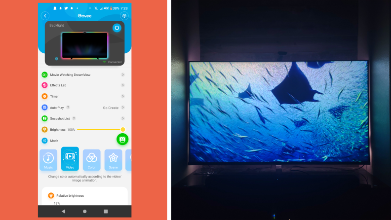 The Govee app next to a TV with the backlight installed showing off blue colors.