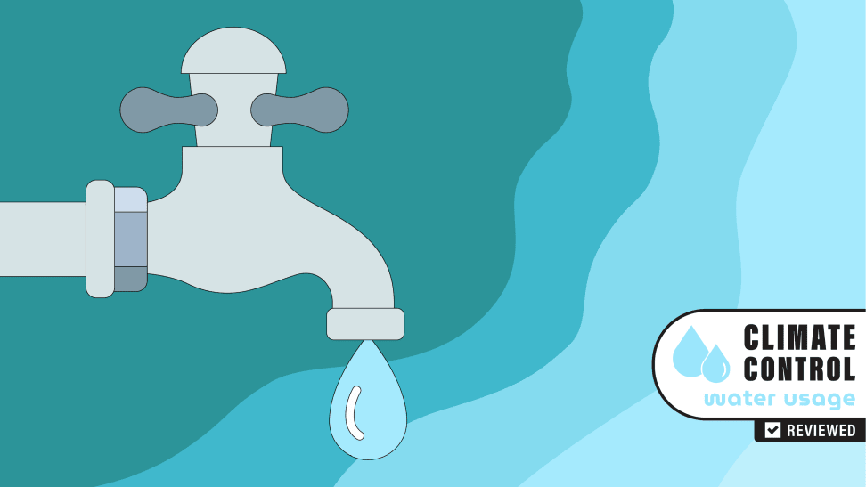 Graphic of a faucet letting out a single drop and the Reviewed Climate Control Water Usage logo.