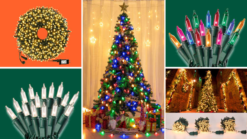 A variety of colored and white Christmas lights against an orange and green background.