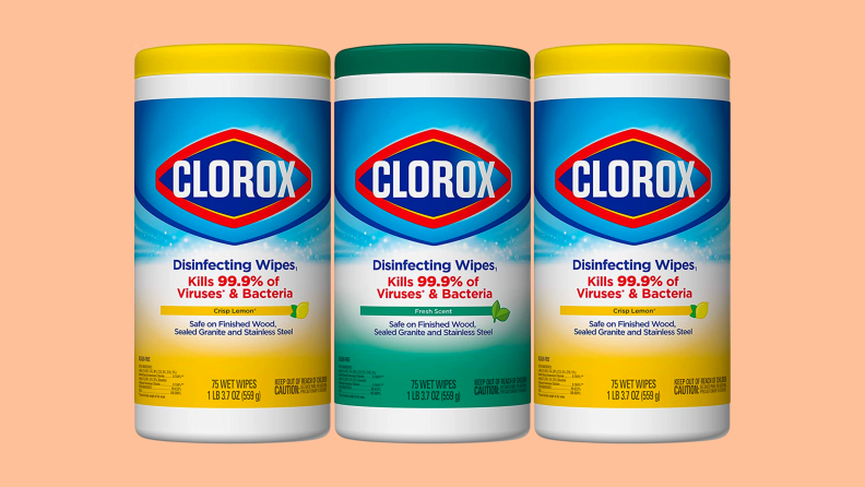 Clorox disinfectant wipes against a peach background