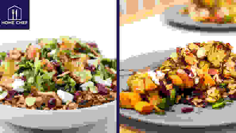 Left: A shallow white bowl filled with grains and vegetables. Right: A light grey plate filled with grains, vegetables, and a sprinkling of goat cheese.