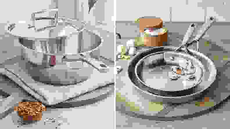 On left, Sur La Table saucepan sitting on wooden cutting board with lit half removed. On right, both skillets stacked on a wooden cutting board with a few mushrooms inside.
