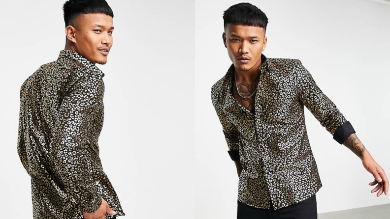 man wearing leopard print button up from ASOS