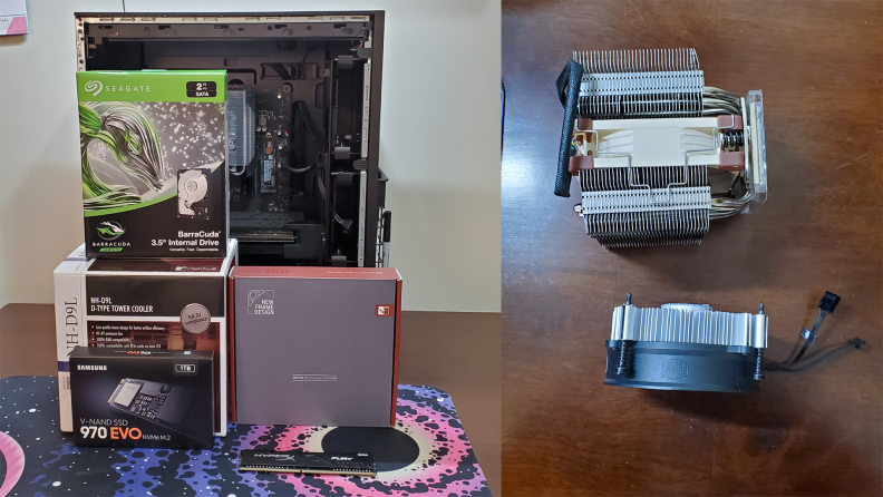 Left: Boxes for several PC parts in front of the HP Omen 25L. Right: The stock CPU cooler next to a tall CPU cooler.