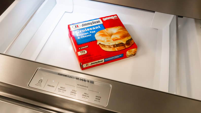 The interior of the Frigidaire Pro PRMC2285AF counter-depth French-door refrigerator's custom-temp flex drawer, showcasing its control panel with one freezer temp option and four fridge temp options.
