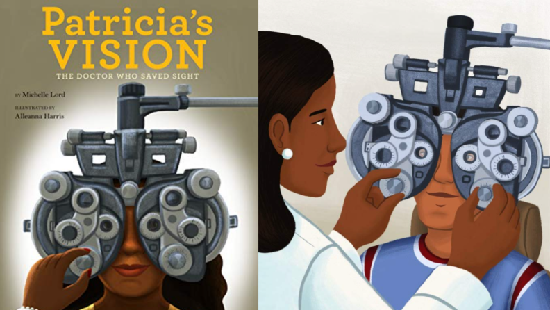 Children's book about Patricia bath. Cartoon character getting eyes checked with machine.