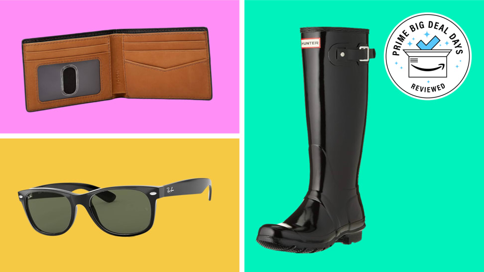A brown wallet on pink, black sunglasses on yellow, and black rain boots on gree