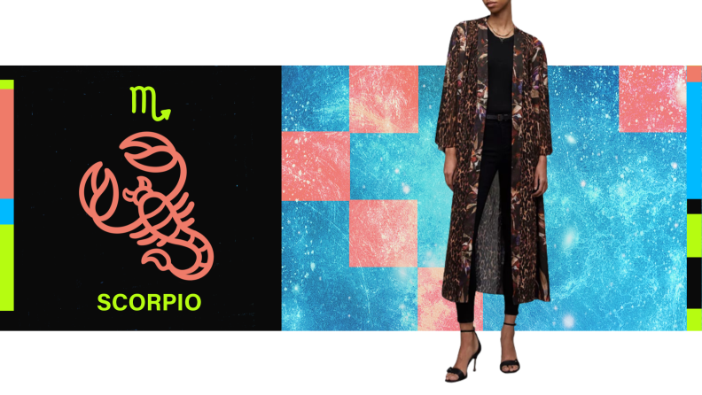 On the left is the symbol for Scorpio, and on the right is a model wearing a floral and animal print kimono.