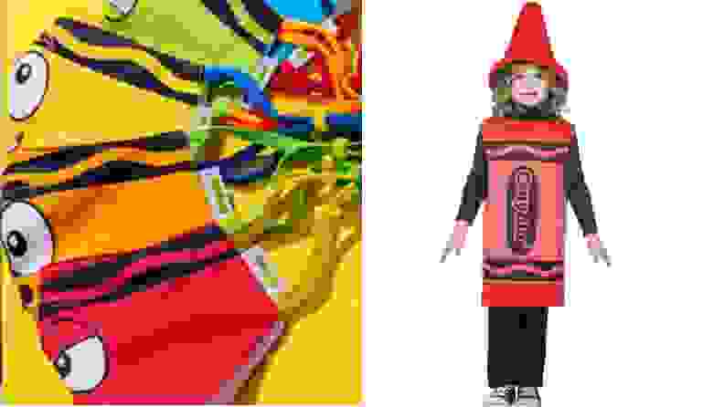 A pack of crayon-style masks and a child in a red crayon costume.