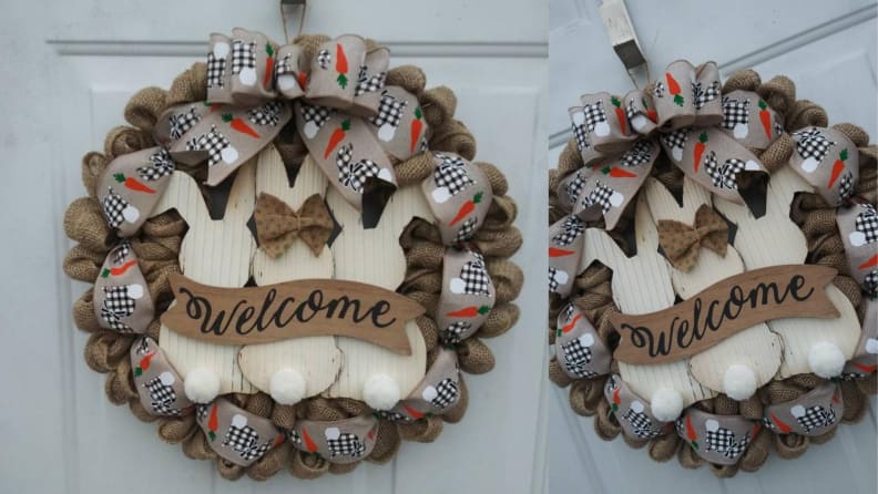 Bunnies on a wreath hanging from a door
