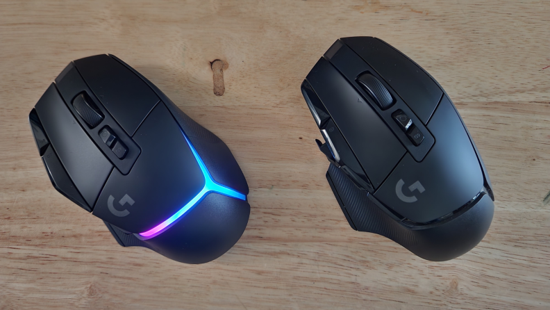 Logitech G502 X Lightspeed gaming mouses side by side.