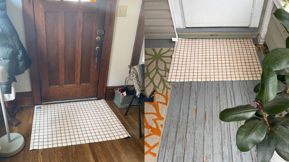 On left, Grid-patterned Heymat doormat in lime candycane color on top of wooden floorboards next to coat hook inside of home. On right, Grid-patterned Heymat doormat in lime candycane color on wooden deck outdoors in front of exterior of door.