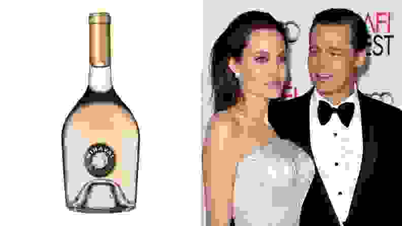 On the left, a bottle of wine is on display against a blank white backdrop. To the right is a photograph of Brad Pitt and Angelina Jolie.