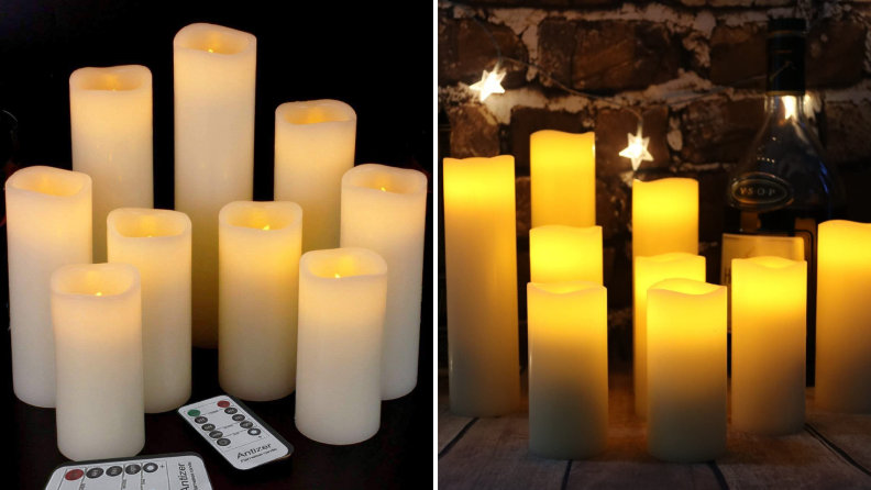 A group of flameless candles in darkness.