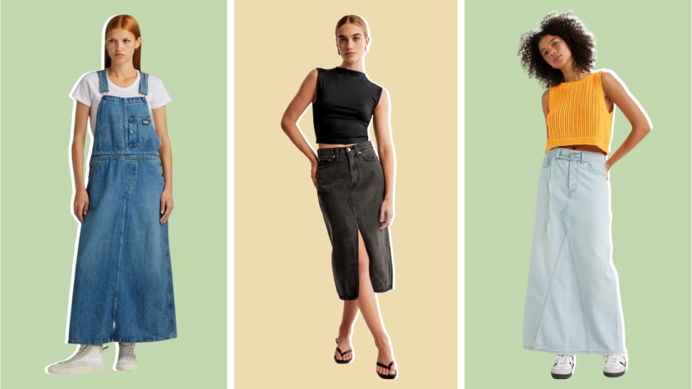 Women's Back Elastic High Waist A-Line Maxi Long Denim Jean Skirt