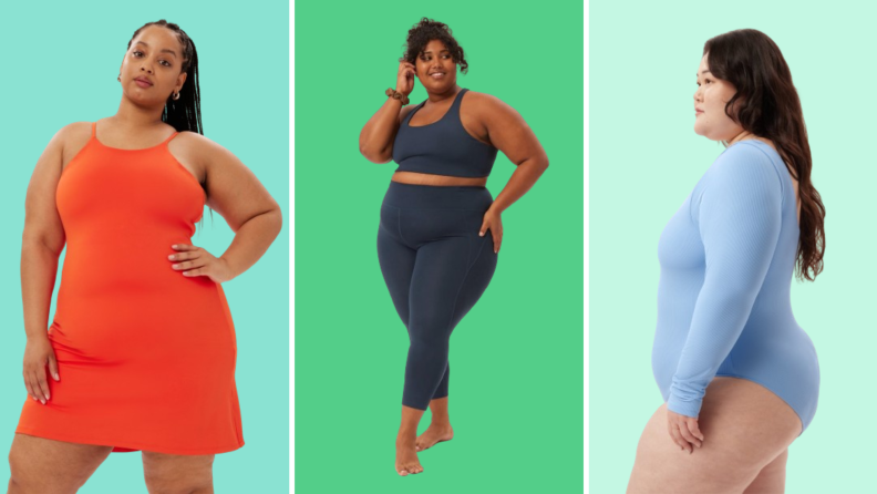 Collage of three plus-size options: A red exercise dress, black tights, and a blue bodysuit.
