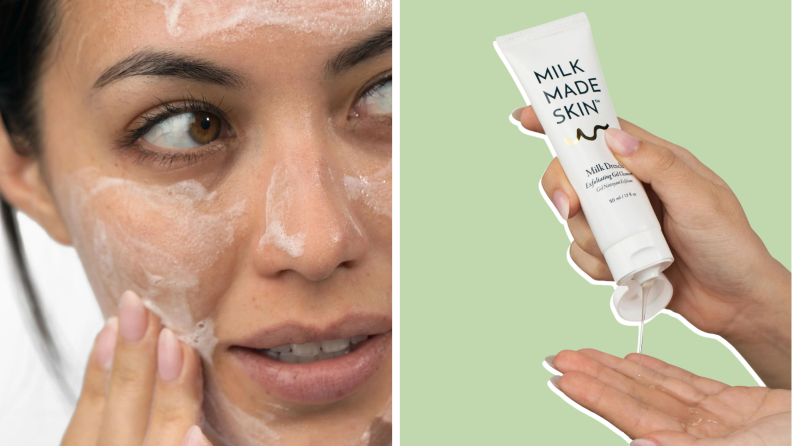 A woman rubbing Milk Made Sking products into her face and holding a bottle of Milk Made Skin cleanser.