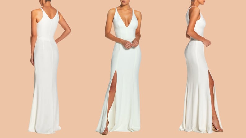 Three images of a bride in a white wedding gown.
