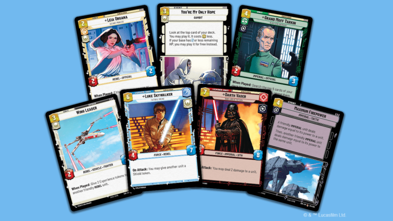 Seven different cards from the Star Wars: Unlimited card game on a blue background.