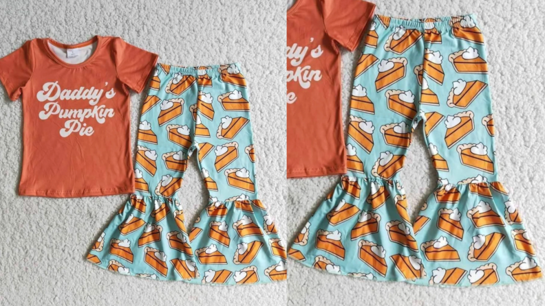 A 2-piece with pumpkin pies on the pants