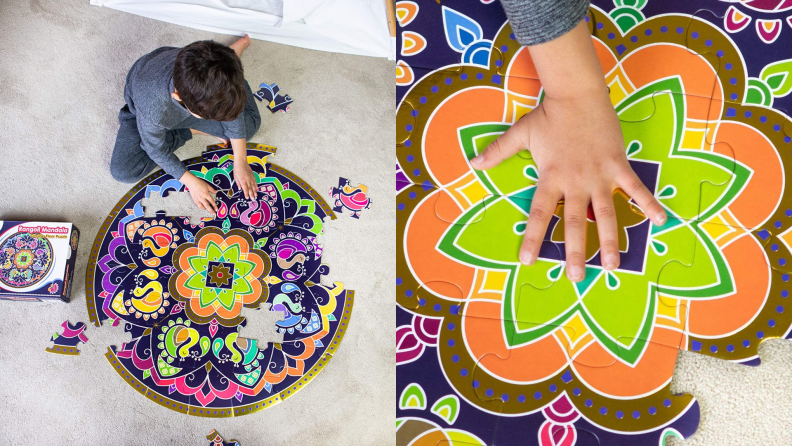 A child plays with a Montessori mandala puzzle.