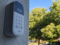 The MyQ Smart Garage Video Keypad mounted to an outside wall