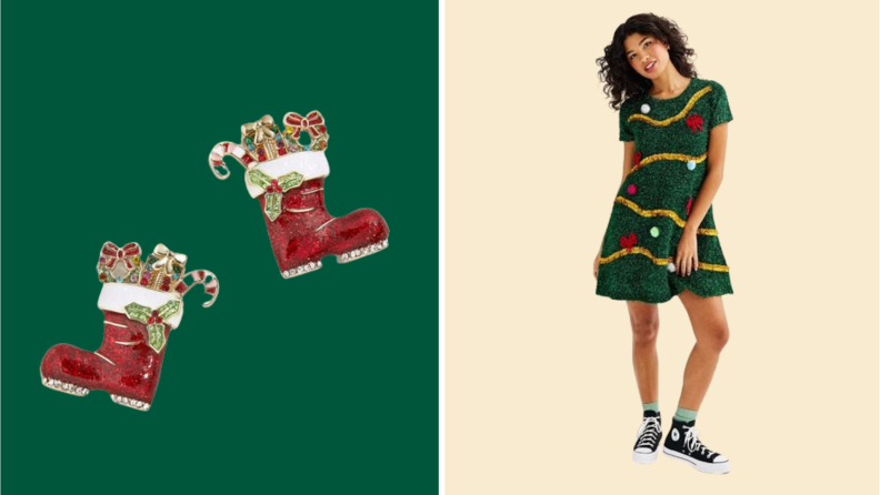 A model wearing a green dress that looks like a Christmas tree, and a pair of Santa boot earrings.