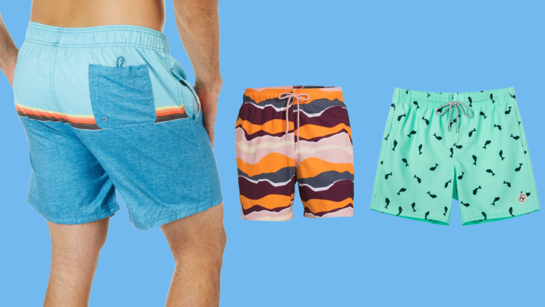Three men's swimsuits: One with stripes, one with an abstract print, and one with a repeating whale pattern.