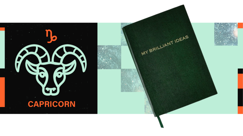 On the left is the symbol for Capricorn, and on the right is a green journal, embossed with the words “My Brilliant Ideas.”