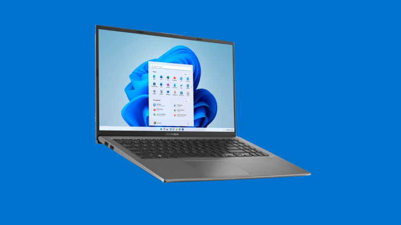 A laptop against a blue background.
