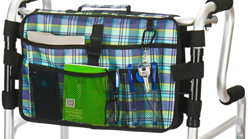 Close up of a walker bag containing accessories.