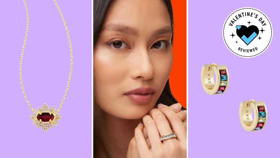 A collection of Kendra Scott jewelry with the Valentine's Day Reviewed badge in front of colored backgrounds.