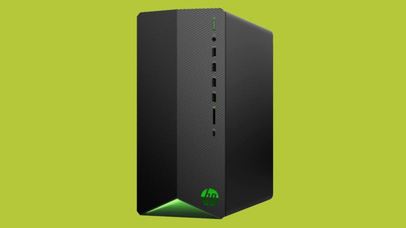 An image of a Pavilion gaming desktop tower in black and green, turned slightly to the side so the chassis is visible.
