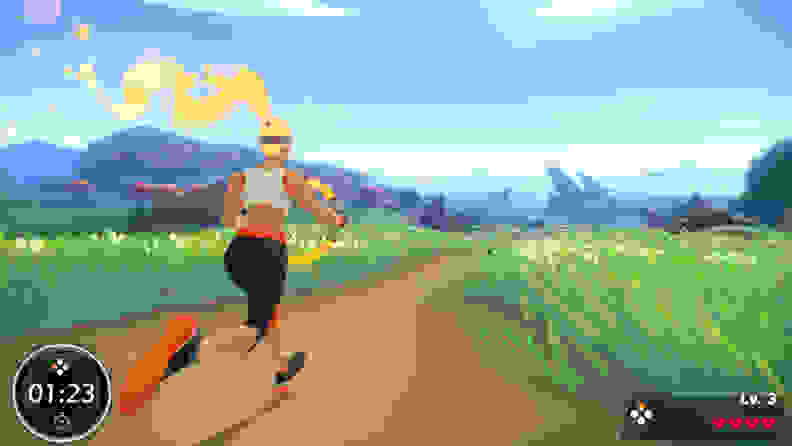 A fit woman with a flaming ponytail runs through a track on grass.