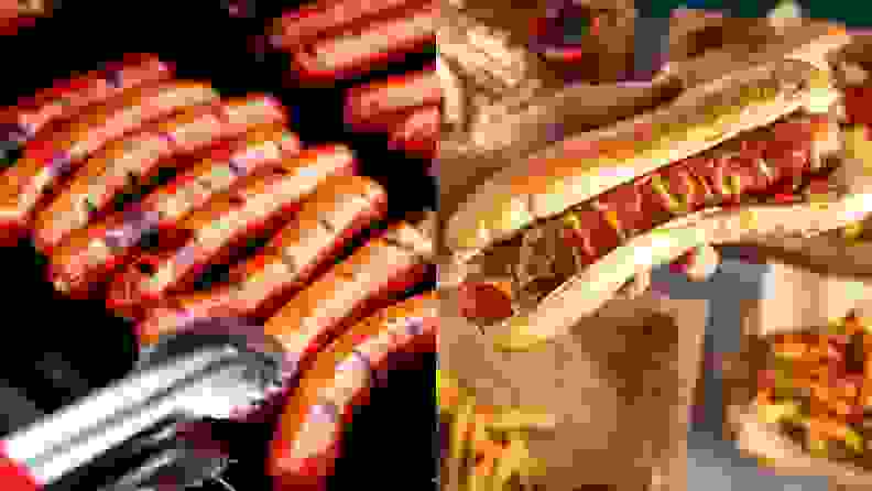 On left, person using tongs to flip sausage links on top of wire rack in grill. On right, person holding hot dog bun with mustard.