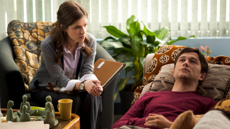 In the film Fifty-Fifty, actor Joseph Gordon-Levitt lies on his back next to his therapist, played by Anna Kendrick.