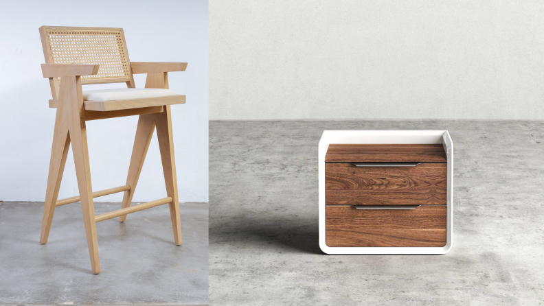 At left, the Jeanneret barstool by France & Son is inspired by Swiss architect Pierre Jeanneret's mid-century modern 1950s' design. Rove Concepts' Grayson nightstand contrasts glossy white and grainy wood, at right.