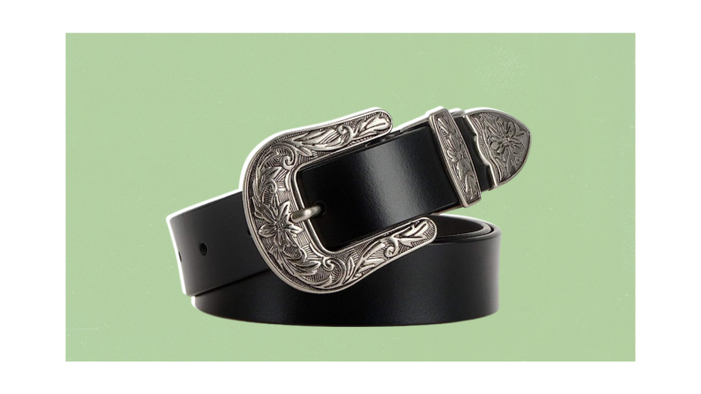 A belt with a large, western-style buckle.