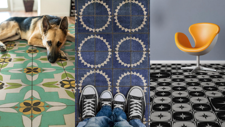 Three examples of vinyl tile flooring featuring green, blue, and black and white designs for home.