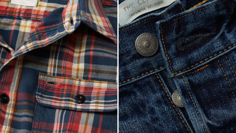 A close-up of a flannel and a close-up of jeans