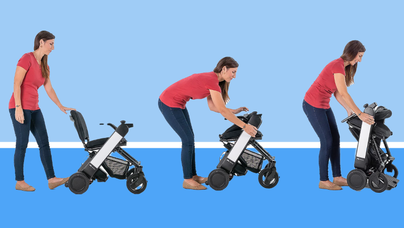 Step-by-step of person folding up power wheelchair in front of blue background.